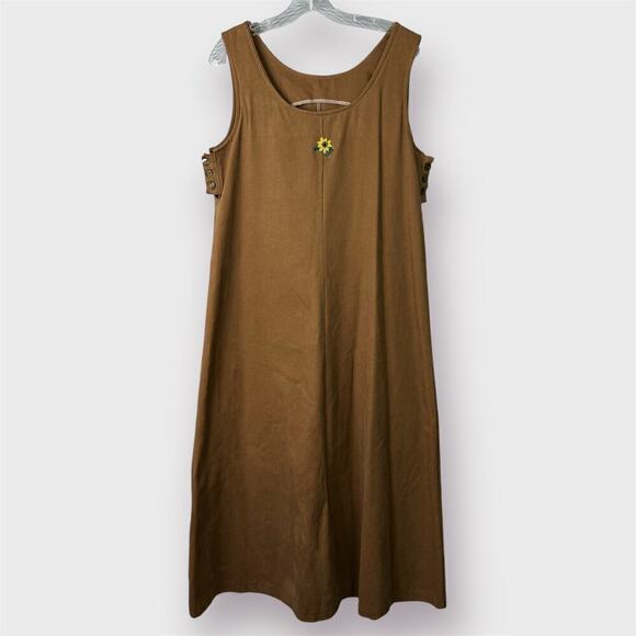 Handmade Brown Denim Jumper Dress Beaded Sunflower Embellishment Modest Size L - Picture 6 of 11